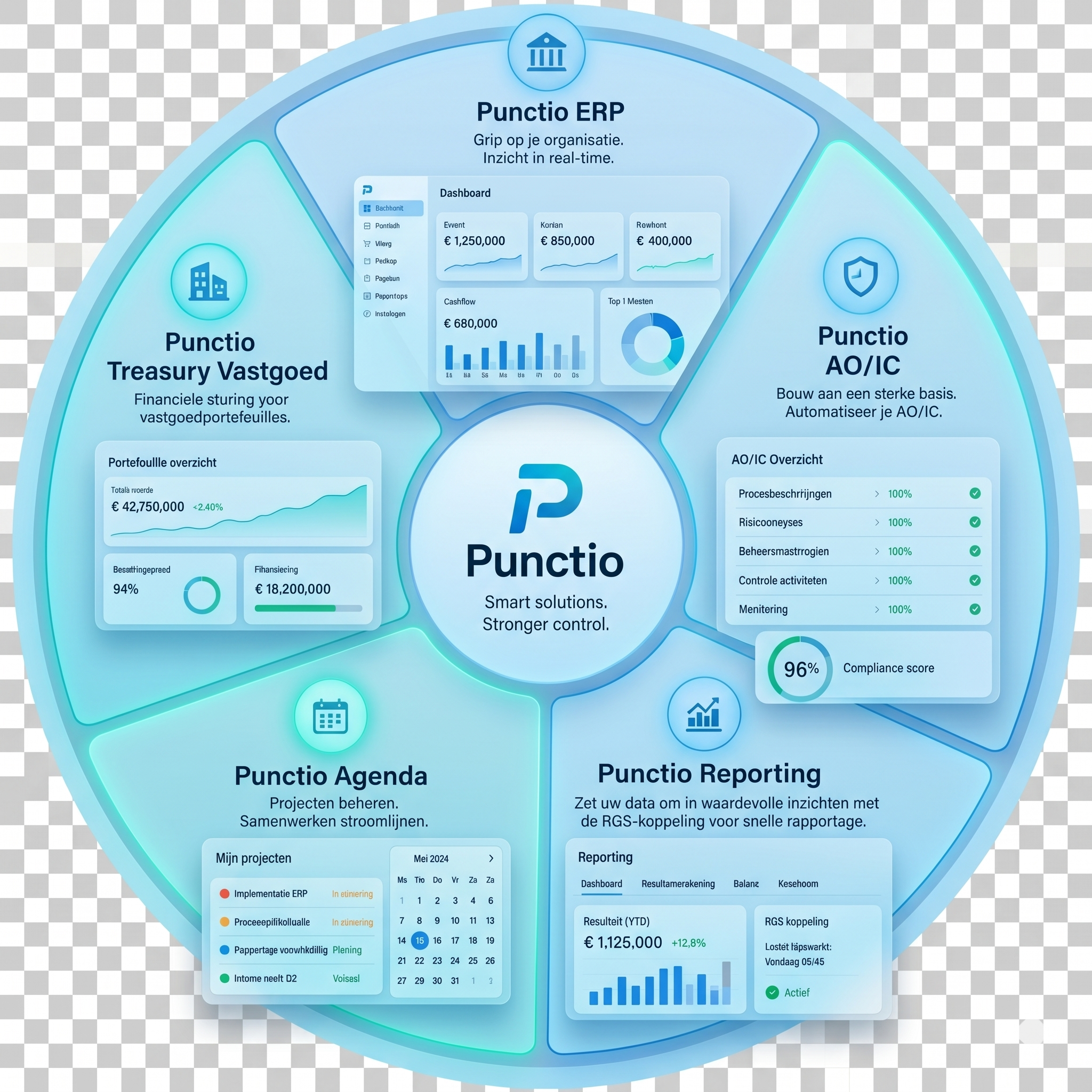 Overzicht van Punctio producten: ERP, Treasury Vastgoed, AO/IC, Agenda en Reporting